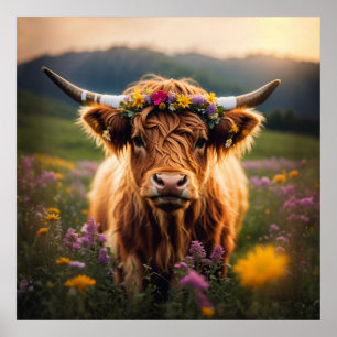Highland Cow With Colorful Flower Crown Poster