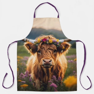 Highland Cow With Colourful Flower Crown Apron