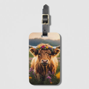 Highland Cow With Colourful Flower Crown Luggage Tag