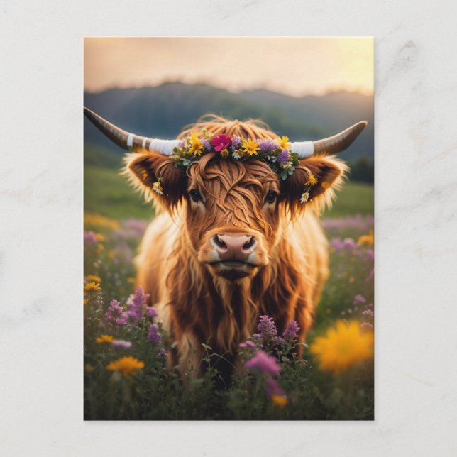 Highland Cow With Colourful Flower Crown Postcard (Front)