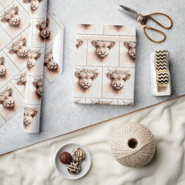 Highland Cow With Floral Bridal Headpiece Wrapping Paper (Crafts)