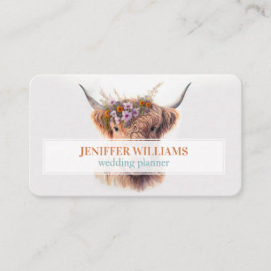 Highland Cow with Floral Crown Watercolor Illustra Business Card