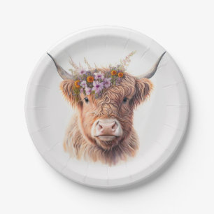 Highland Cow with Floral Crown Watercolor Illustra Paper Plate