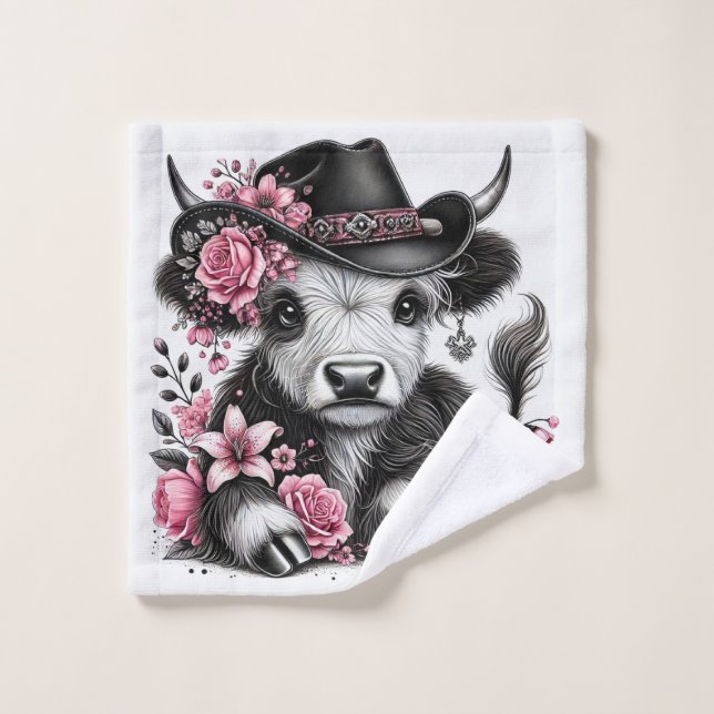 Highland Cow With Floral Hat Bath Towel Set (Wash Cloth)