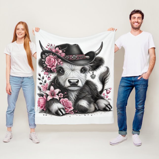 Highland Cow With Floral Hat Fleece Blanket (In Situ)