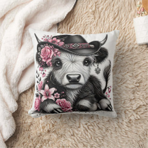 Highland Cow With Floral Hat Throw Pillow