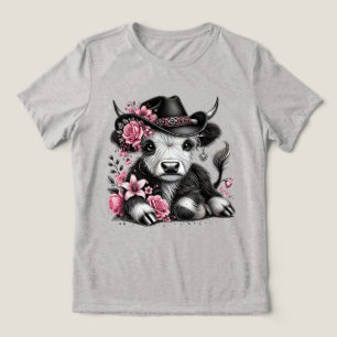 Highland Cow With Floral Hat Tri-Blend Shirt