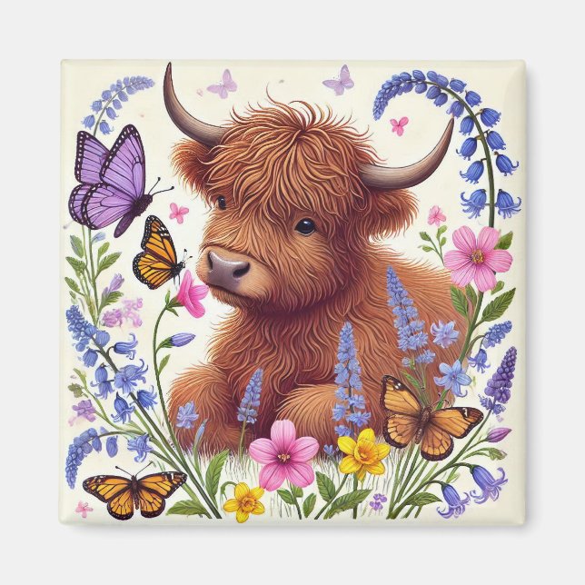 Highland Cow with Flowers and Butterflies Magnet (Front)