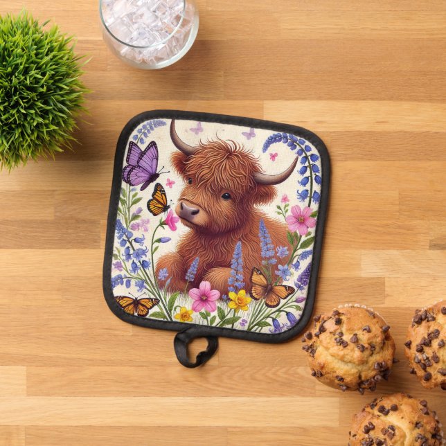 Highland Cow with Flowers and Butterflies Pot Holder (Top Down)