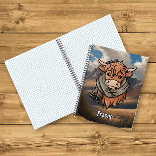 Highland Cow with Fraser Weathered Tartan Scarf Notebook
