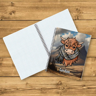 Highland Cow with Gordon Weathered Tartan Scarf Notebook