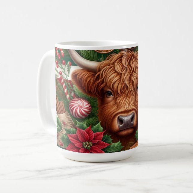 Highland Cow with Holiday Decorations and Candy Coffee Mug (Front Left)
