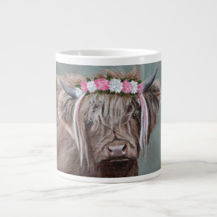 Highland Cow with Pink and White Crown Large Coffee Mug