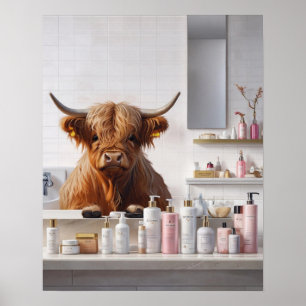  Highland Cow with Pink Beauty Products Bathroom Poster