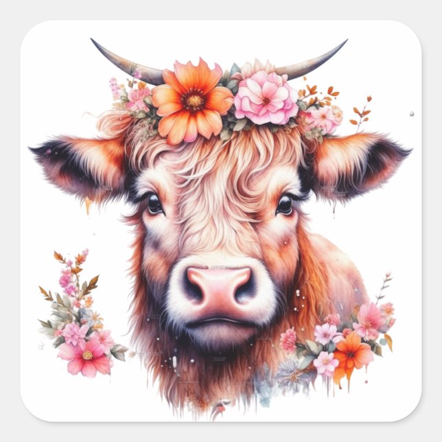 Highland Cow with Pink Flowers Square Sticker (Front)