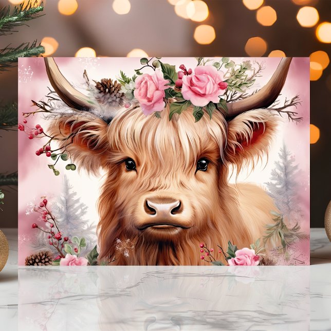 Highland Cow with Pink Roses Festive Christmas Holiday Card (Creator Uploaded)