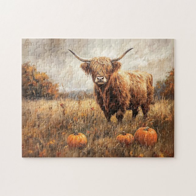 Highland Cow with Pumpkins Jigsaw Puzzle (Horizontal)