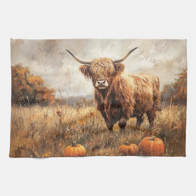 Highland Cow with Pumpkins Kitchen Towel (Horizontal)