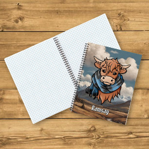 Highland Cow with Ramsay Blue Hunting Tartan Scarf Notebook
