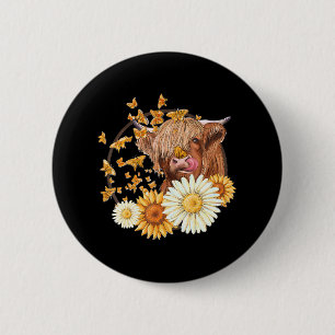 Highland Cow With Sunflower Daisies Butterflies 2 Inch Round Button