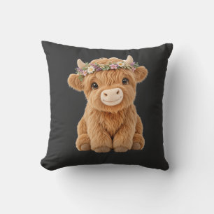 Highland Cow with Wildflower Crown Throw Pillow
