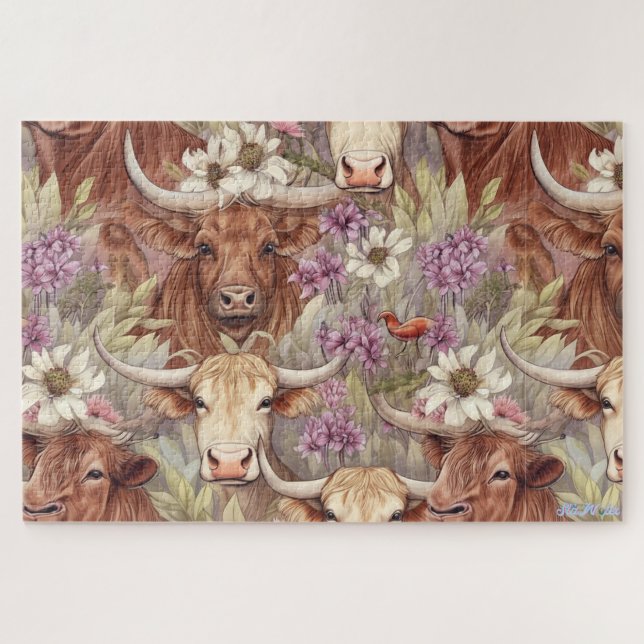 highland cow with wildflowers jigsaw puzzle (Horizontal)