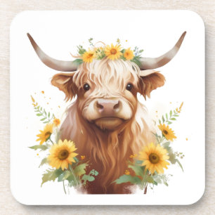 Highland Cow with Yellow Sunflower Flower Crown Coaster