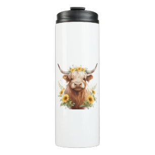 Highland Cow with Yellow Sunflower Flower Crown Thermal Tumbler