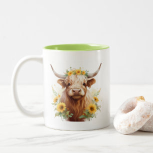 Highland Cow with Yellow Sunflower Flower Crown Two-Tone Coffee Mug