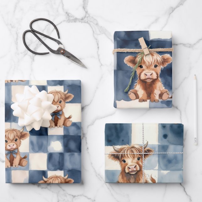 Highland Cow Wrapping Paper Blue Chequered Farm (Front)