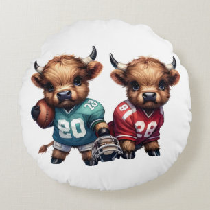 Highland Cows and Football Round Pillow