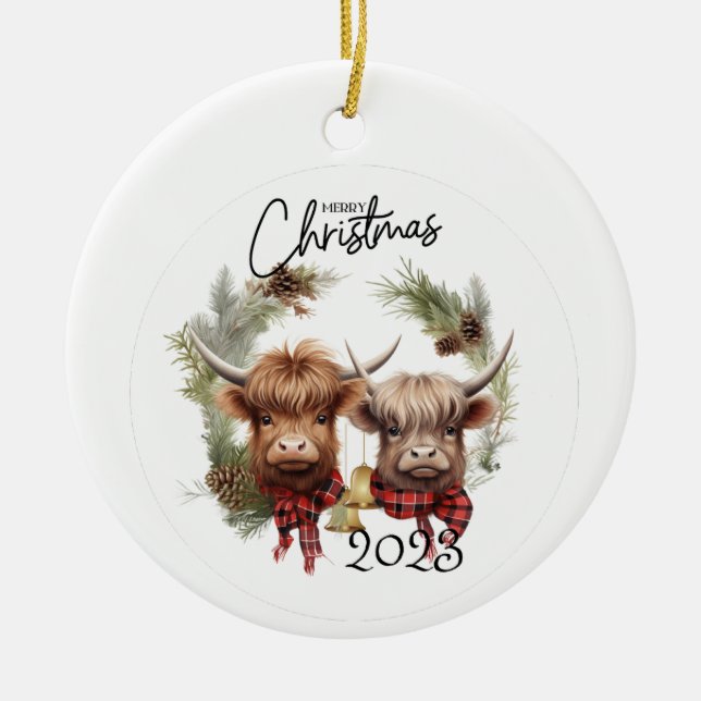 Highland Cows Christmas Ceramic Ornament (Front)