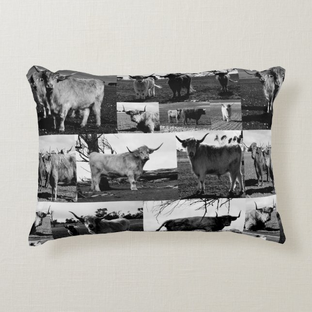 Highland Cows Collage In Black And White, Accent Pillow (Front)