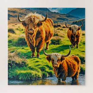 Highland Cows in a Serene Landscape Jigsaw Puzzle