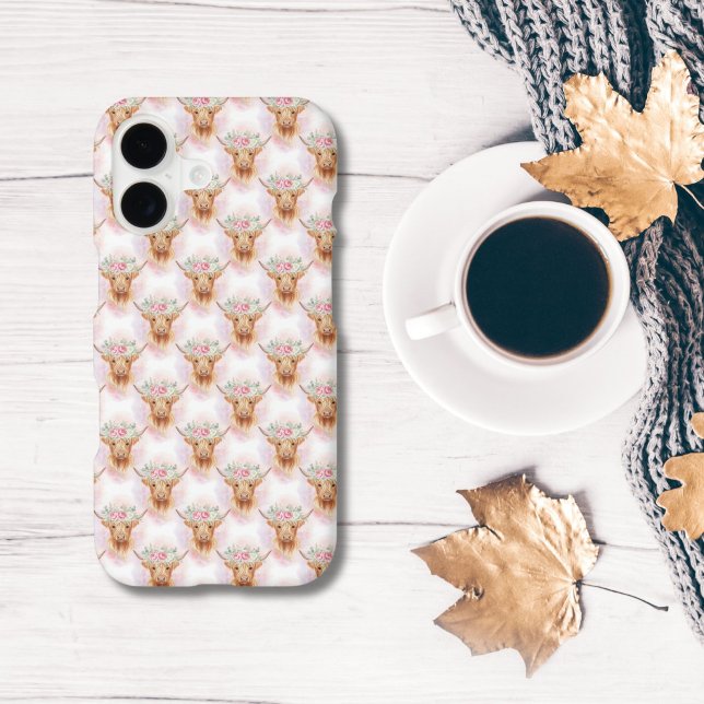 Highland Cows Pink Florals Trendy (Highland cow, pink watercolor florals pattern iPhone case. Available for 17 16 15 14 13 12 11 )