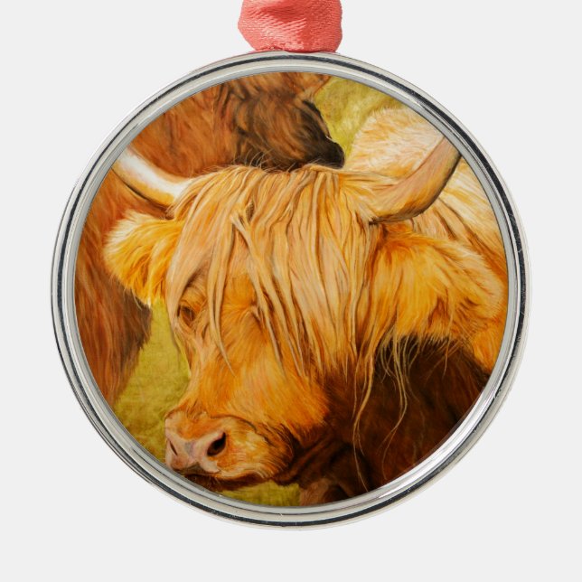 Highland cows, scottish cattle metal ornament (Front)