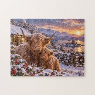 Highland Cows Snowy Winter Cottage Countryside Art Jigsaw Puzzle