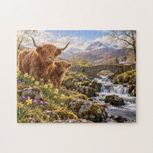 Highland Cows Spring Countryside Bridge Art Jigsaw Puzzle