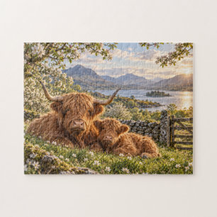 Highland Cows Sunset Countryside Meadow Art Jigsaw Puzzle