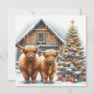 Highland cows, tree and a barn Christmas card
