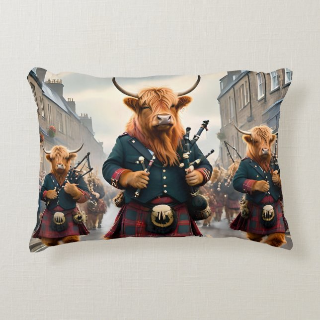 Highland Harmony:  Bagpipe Highland Cow Band  Accent Pillow (Front)