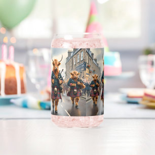 Highland Harmony: Bagpipe Highland Cow Band Can Glass