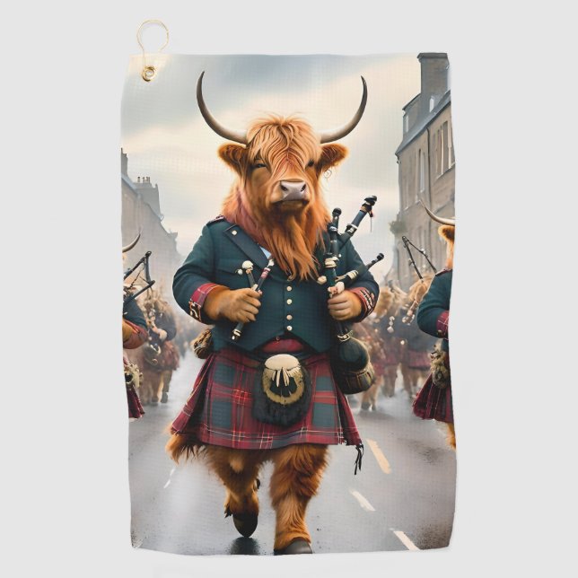 Highland Harmony:  Bagpipe Highland Cow Band  Golf Towel (Front)