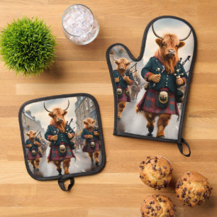 Highland Harmony: Bagpipe Highland Cow Band Oven Mitt & Pot Holder Set