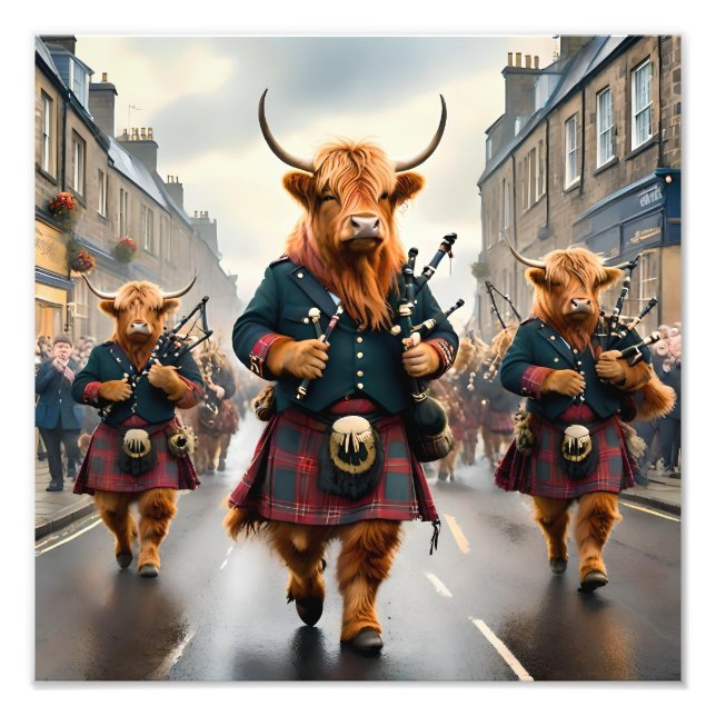 Highland Harmony:  Bagpipe Highland Cow Band  Photo Print (Front)