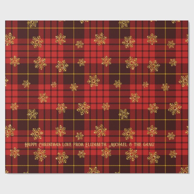 Highland Hearth Tartan Gold Snowflake Personalized Wrapping Paper (Flat)