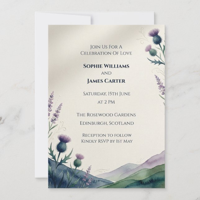 Highland Landscape Thistle Watercolour Scottish We Invitation (Front)