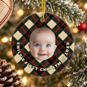 Highland Lodge Plaid Baby First Christmas Photo Ceramic Ornament