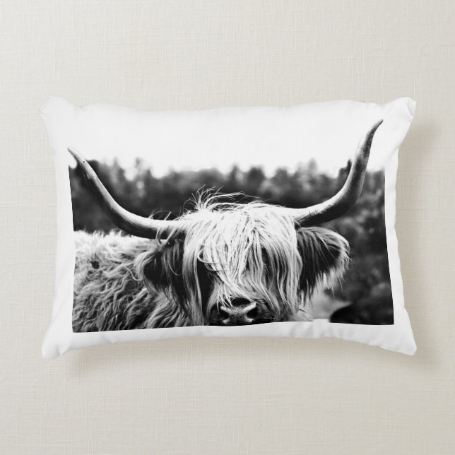 Highland Longhorn Cow Black and White Rustic Boho Accent Pillow (Front)