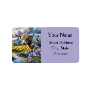 Highland/Longhorn cross Cow in Floral Landscape Label